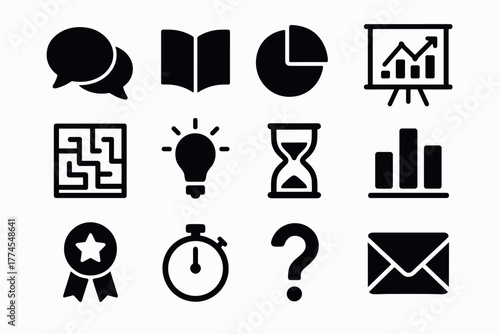 Set of business and education icons in silhouette style for presentations