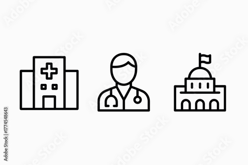 Healthcare and government icons in linear style on grid background