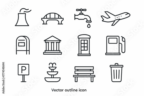 Outline icons travel and infrastructure essentials