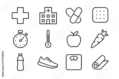 Minimalist health and fitness icons set for wellness and medical themes