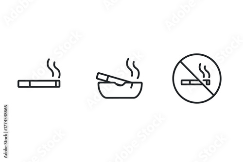 Minimalist linear icons smoking, ashtray, no smoking symbol black and white