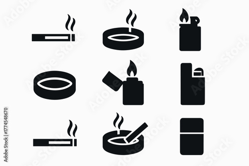 Silhouette set of smoking icons including cigarettes, ashtrays, and lighters
