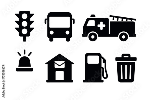 Monochrome city icons traffic, transport, emergency, and utilities symbols
