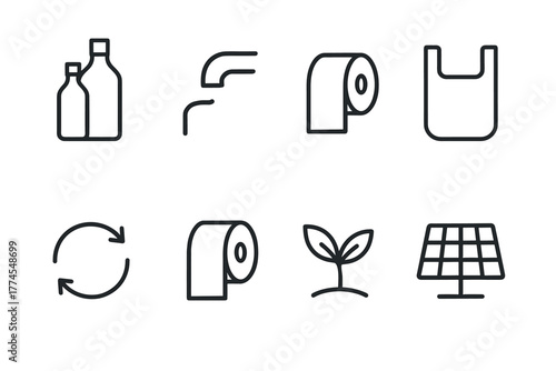 Line icons of ecofriendly products and waste management items for sustainable living