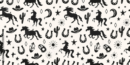 Whimsical black silhouette western cowboy pattern with horses cacti and horseshoes