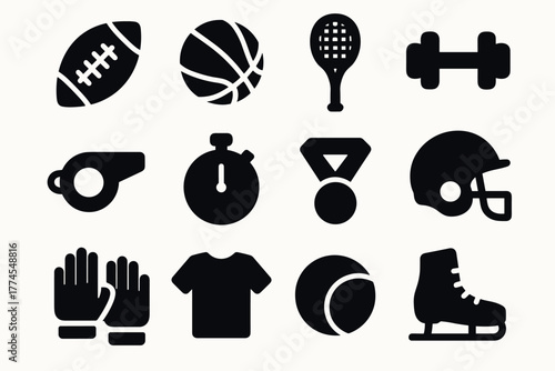 Sports equipment icons collection silhouettes of popular sporting goods and accessories