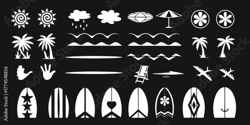 Collection of white summer vacation and beach icons on a black background