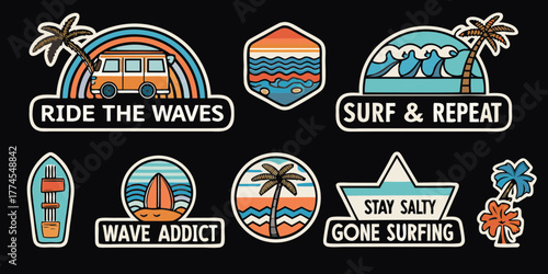 Collection of retro surf inspired stickers with van waves surfboards and palm trees