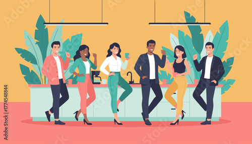 Diverse colleagues smiling in a modern office kitchen Teamwork break time professional success