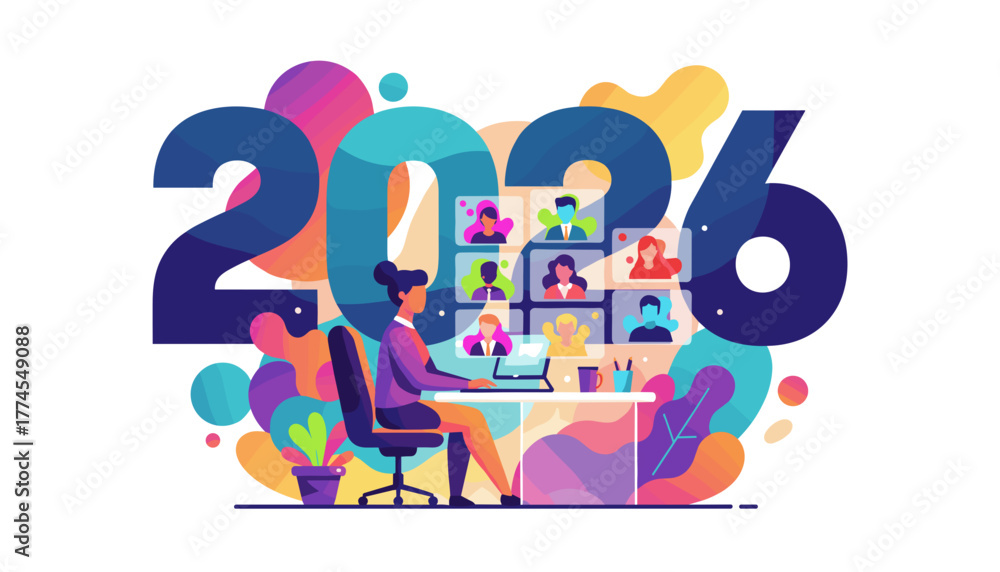 Fototapeta premium Businesswoman video conferencing with team in 2026 Future of remote collaboration