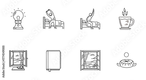 Morning routine illustration stretching in bed open window and coffee illustrating a healthy start to the day perfect for a wellness blog background