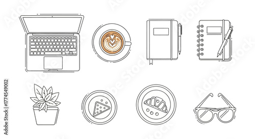 home office setup laptop coffee and croissant for study time perfect for blog header illustrating work from home lifestyle and productivity.