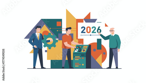 Business team collaborating on industrial innovation and future plans for the year 2026