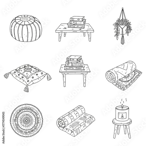 boho interior featuring a stylish arrangement of decor including pouf pillows and carpets creating a cozy and artistic living space ambience