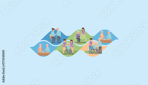 Senior care illustrations assistance companionship health and comfortable retirement living