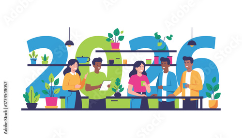 Diverse business team collaborating for 2026 goals in a modern office breakroom environment