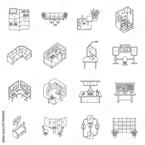 futuristic control room icons depicting network operation centers and technical workspaces for illustrating system monitoring and modern technology interfaces