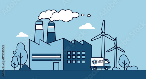 Factory pollution vs green energy wind turbines Industry logistics and sustainability concept