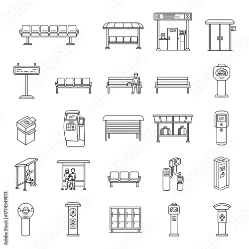 line art of transportation infrastructure bus stop bench and ticketing machine icons for modern city transportation and urban planning projects