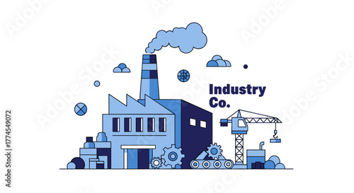 Flat blue vector illustration of a manufacturing plant construction site and industrial machinery