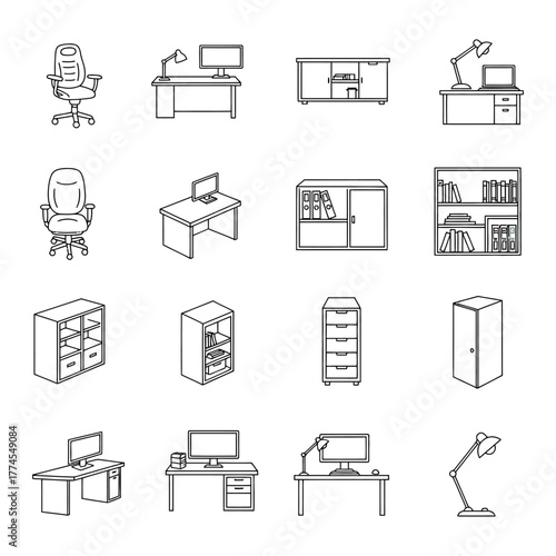 office furniture diverse set of office furniture essentials including desks chairs and storage solutions for modern workspace design and functionality.