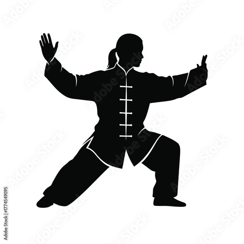 Chinese Traditional Martial Arts Silhouette: Woman Practicing Taijiquan Kungfu for Balance and Wellness