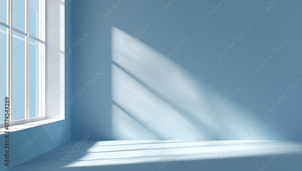 Fototapeta premium Sunlight streaming through a large window into a room with blue walls and floor