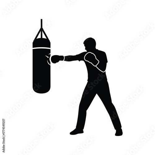 Dynamic Boxer Silhouette Icon Engaged in Intense Training Workout with a Heavybag, Symbolizing Fitness and Strength