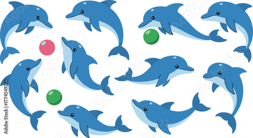 Cartoon dolphins illustration, playful marine animals, swimming poses, bouncing balls, ocean life, kids graphic, aquatic fun, vector design, blue theme