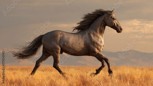 Majestic horse running across field