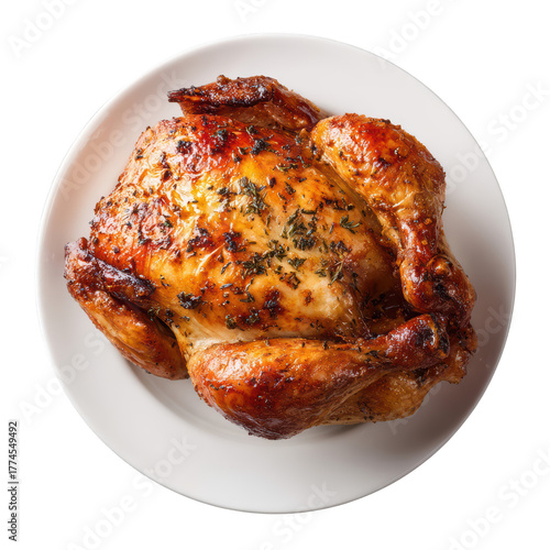 Top down view of a whole golden brown roasted chicken seasoned with herbs served on a simple white plate against a black background