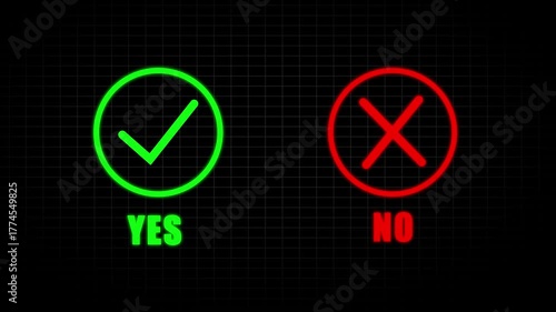 Green YES checkmark and red NO cross symbols on a dark grid background image photo
