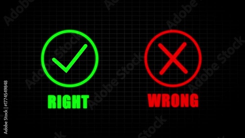 Green RIGHT checkmark and red WRONG cross symbols on a dark grid background right wrong