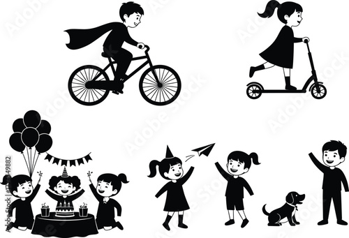 Children activity silhouette set, black vector icons of kids celebrating birthday, riding scooter, cycling, playing with dog, and paper airplane fun