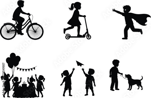Children activity silhouette set, black vector icons of kids celebrating birthday, riding scooter, cycling, superhero play, and pet interaction