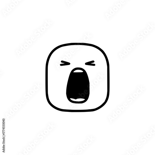 A cartoonish rounded square face with a wide open mouth and v shaped eyes in black and white outline style