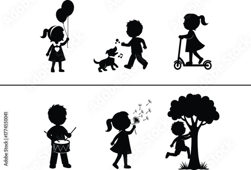 Children activity silhouette set, black vector icons of kids scootering, balloon holding, dog walking, drumming, tree climbing, and nature play