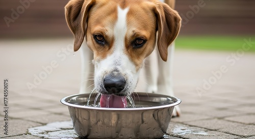 Thirsty Beagle CloseUp of Dog Drinking Water from Metal Bowl Outdoors.