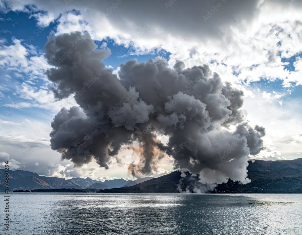 Fototapeta premium Dramatic Eruption Cloud Over Calm Water and Scenic Mountainscape