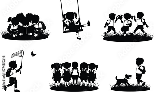 Children outdoor activity silhouette set, black vector icons of kids reading, swinging, walking, chasing butterflies, and playing with dog