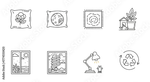 sustainable lifestyle elements cotton pillow organic bedding eco rug plant decor daylight window led lighting desk lamp recycling icon