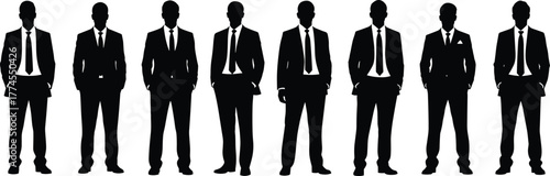 Silhouettes of eight businessmen standing in formal suits, isolated on white background, corporate team, leadership, professional office group