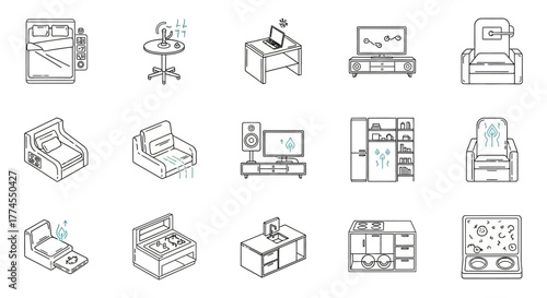 smart home automation system conceptual interior design featuring connected appliances kitchen tv chair and bedroom technology integration icons
