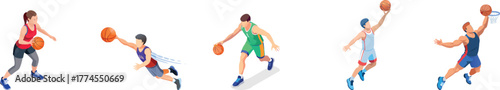 Set of Isometric Basketball Players in Various Dynamic Action Poses