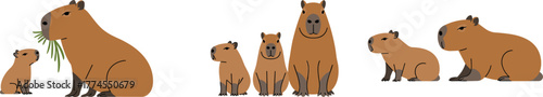 Cute capybara family illustration with adults and babies sitting and eating grass, flat vector animal design for nature and wildlife concepts.