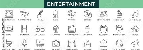Entertainment outline icons set. simpel modern icons. Bullhorn, ticket, collection, drama, entertainment, event, festival, filmstrip, loudspeaker, mask, microphone, movie camera, museum, palette icons
