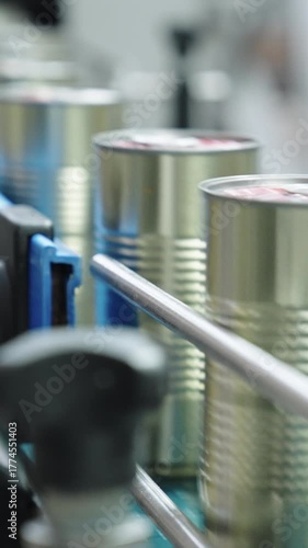 Tomato sauce cans on a conveyor belt in a canned food production facility