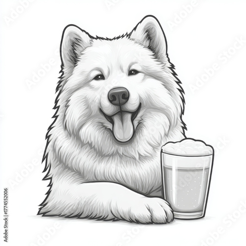  Happy fluffy dog with a friendly expression posing with a beer against a white background