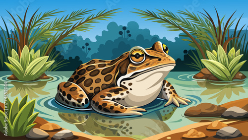 Very beautiful portrait of a Northern Leopard Frog (Lithobates pipiens) resting in a calm water stream at Ledges State Park, Iowa, USA, surrounded by soft reflections and natural serenity.