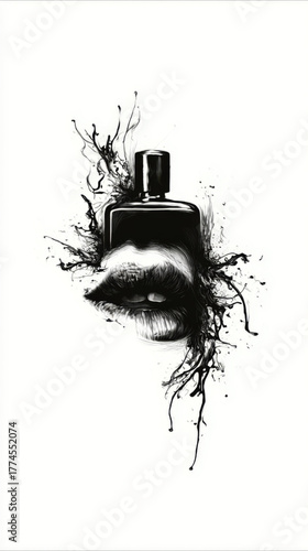 Surreal ink sketch of a perfume bottle and lips, black and white, representing fragrance and sensuality against a white background